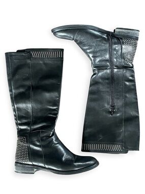 Black Studded Tall Leather Boots Moto Gothic Y2K Western Silver Studs